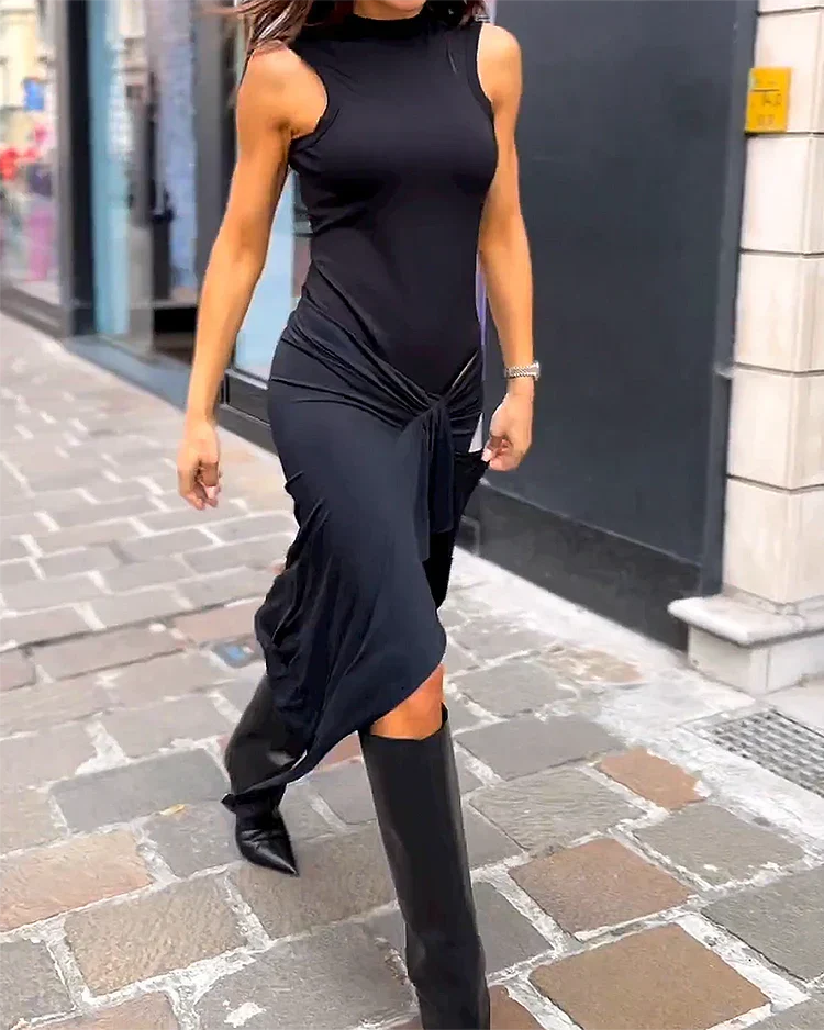 Vestido Midi Asimétrico de Cuello Alto para Mujer